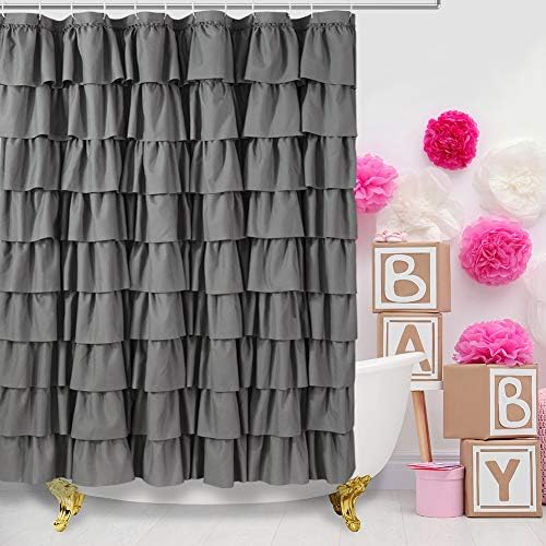 Gray Ruffle Shower Curtains For Bathroom, 72x72, Layered Tiered