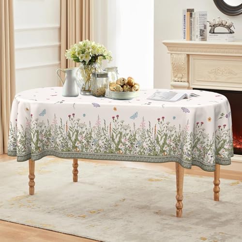 Oval Tablecloth 60 x 102 Inch, Spring Floral Summer Wildflowers Oval