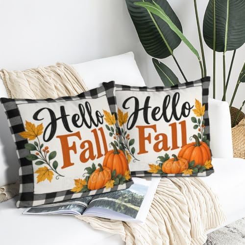 Leaves Plaid House Pillow Covers 22x22 Inch Set of 2 Linen for Fall