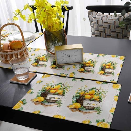 Lemon Basket Summer Table Runner and Placemats for Dining Table,Burlap
