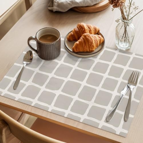 Taupe Gray Grid Placemats Set of 8, Cotton Linen Fabric Place Mats