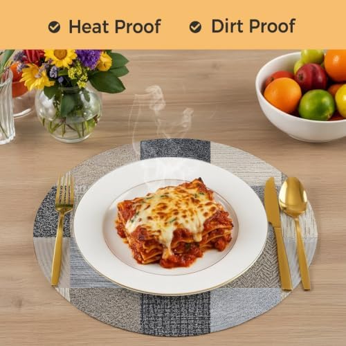Khaki Grey Woven Round Braided Placemats Set of 8, Modern Minimalist