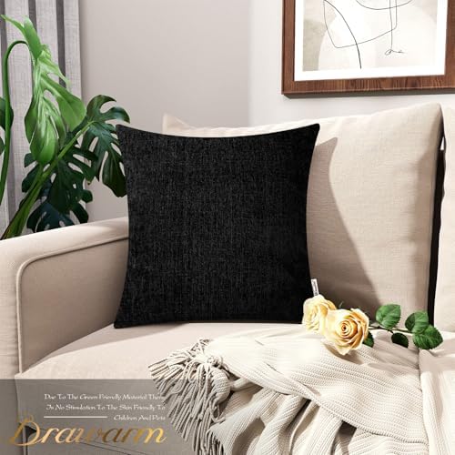 BRAWARM Chenille Throw Pillow Covers 18x18 Inches, Black, Pack of 2