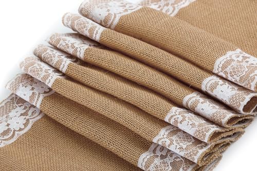 MDS 10 PCS 100% Natural Burlap Table Runners 12" x 108" with Lace