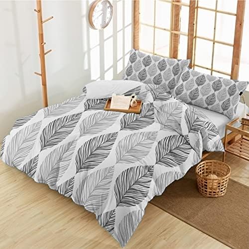 Duvet Cover Set Queen, Seamless Grey Leaves Texture 3 Piece Bedding