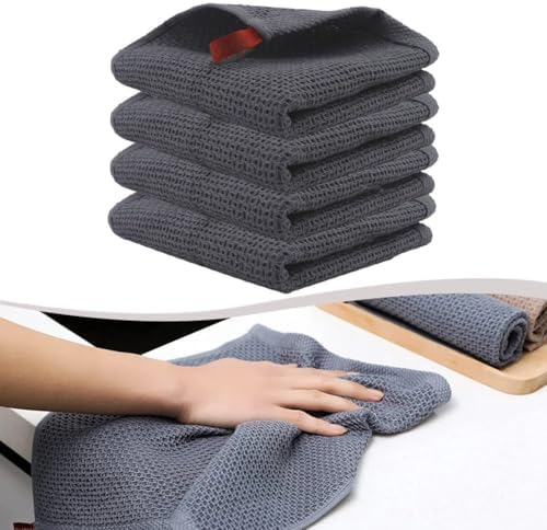Set of 4 Cotton Tea Towels with Hanger, Absorbent Waffle Kitchen Dish