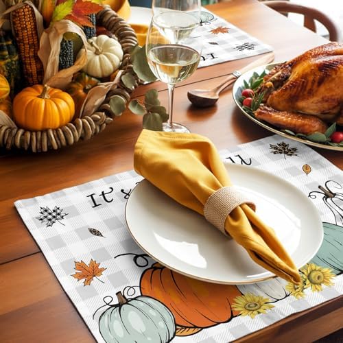 Fall Grey Placemats Set of 8,Cotton Linen Fabric Place