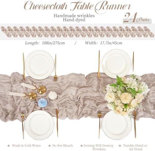 24 Packs Taupe Table Runner, Charming Cheesecloth Table Runner 17 x