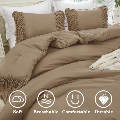 Andency Taupe Comforter Set King, 3 Pieces Boho Tassel Bedding