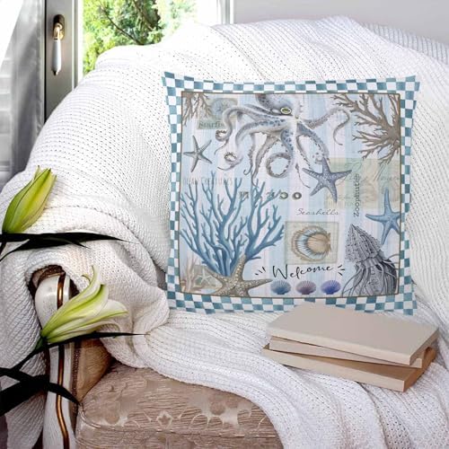 20x20 Pillow Covers Set of 2, Blue Beach Coastal Throw Pillow Covers