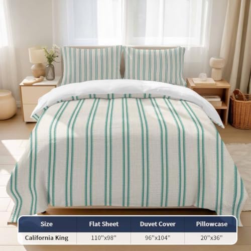 Green Ticking Stripe California King 4 Piece Duvet Cover Set