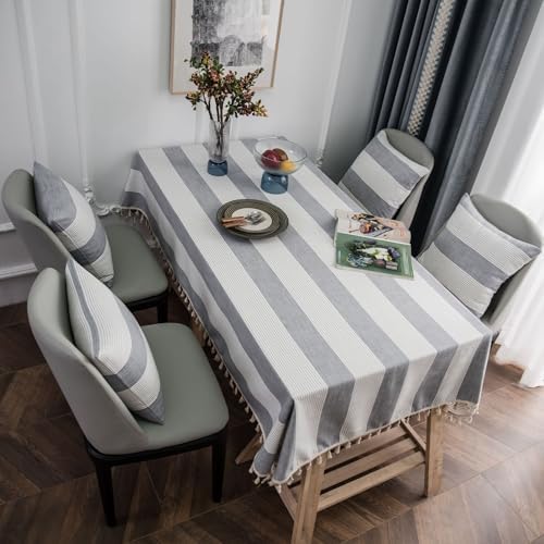 Gray Cotton Square Tablecloth 70 W x 70 L, Stripes with Tassels Table