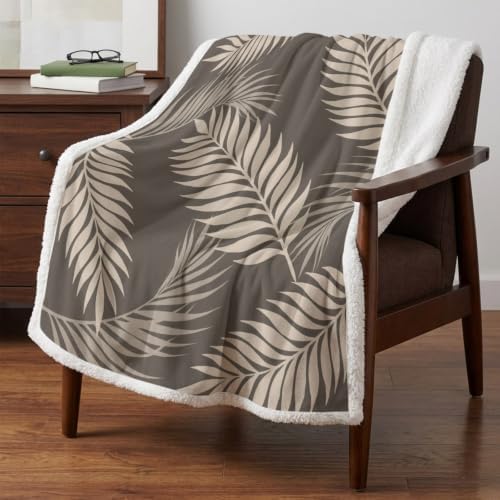 Fleece Sherpa Bed Blankets, Rustic Palm Leaves Microfiber Plush