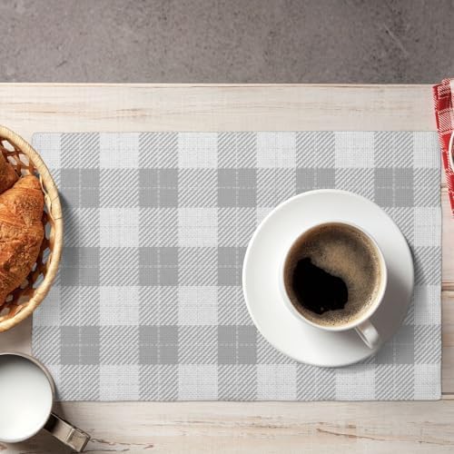 Gray White Plaid Linen Placemats Set of 4 - Heat Resistant Non-Slip