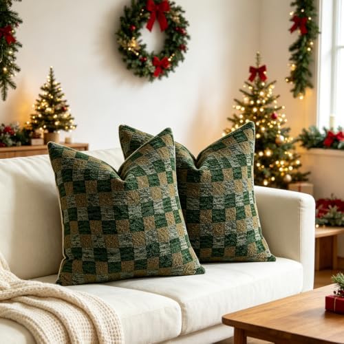 Set of 2 18x18 Inch Green Checkered Chenille Throw Pillow Covers, Boho