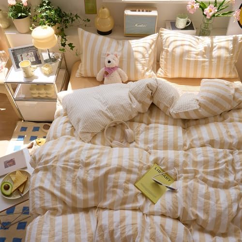 LifeTB Vintage Striped Duvet Cover Set King Size, 3 Pieces Blush Beige