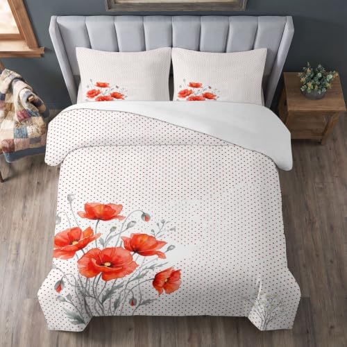 King Duvet Cover Set Soft Microfiber Red Poppies Small White Flowers