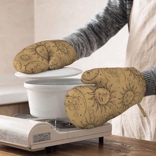Tan Beige Vintage Celestial Sun Moon Stars Oven Mitts 2 Pack Kitchen
