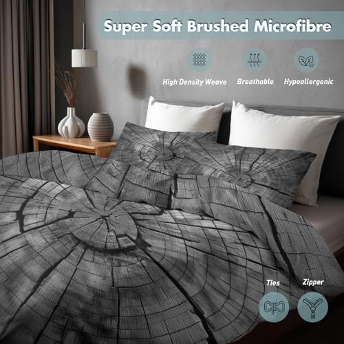 Modern Abstract Duvet Cover Queen Size, Grey Rustic Wood Plank