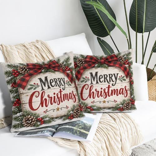 House Plaid Pillow Covers 22x22 Inch Set of 2 Linen for Christmas