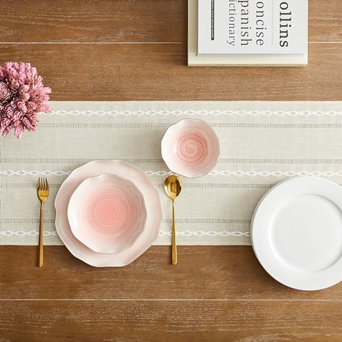 Hemstitched Farmhouse Table Runner, Beige 13x36 Inch, Cotton Linen