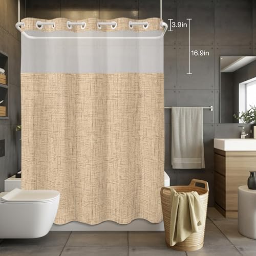 Light Tan Linen Weave No Hook Shower Curtain with Snap in Liner