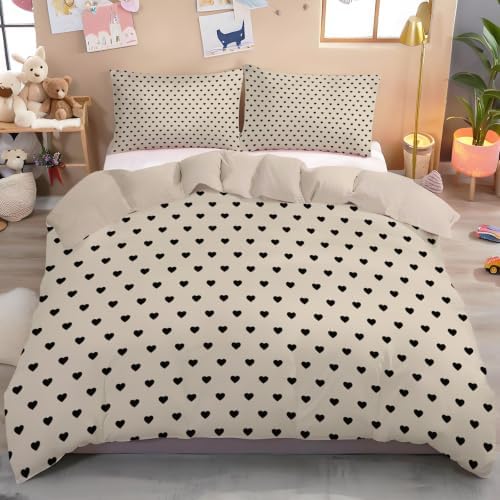 Beige Simple Little Heart Duvet Cover Set for Women Girls 3 Pcs Cute