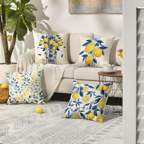 AVOIN colorlife Summer Lemon Leaves Plaid Throw Pillow Covers