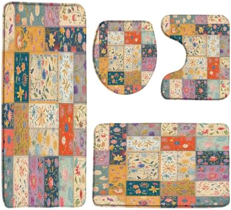 4 Pieces Bath Rugs Boho Floral Patchwork Vintage Country Multicolor