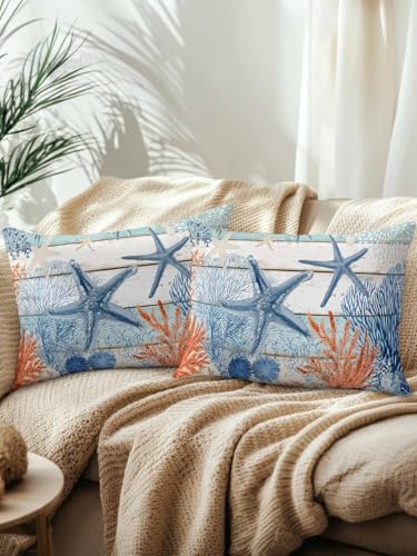 Throw Pillows 12x20 Set of 2, Teal Blue Coastal Waterproof Outdoor