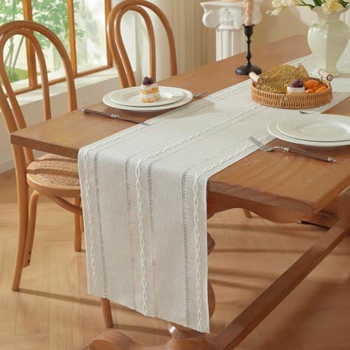 Niviy Beige Boho Cotton Linen Table Runner, Farmhouse Woven Table