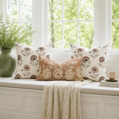 Vintage Throw Pillow Covers 20x20 Set of 2, Cotton Floral Pillow Cover