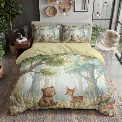 Sage Green Watercolor Animal Forest Duvet Cover Set for Women Girls