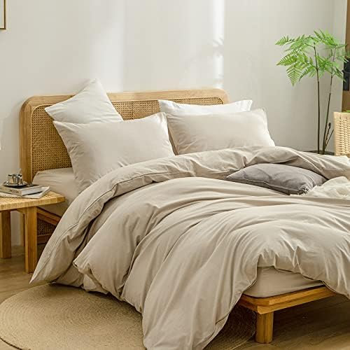 BESTOUCH Cotton Solid Duvet Cover Set Linen Feel Almond Milk Grey Twin