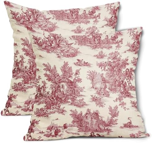 Red Toile Pillow Covers 18x18 Inch Set of 2 Burgundy and Beige French