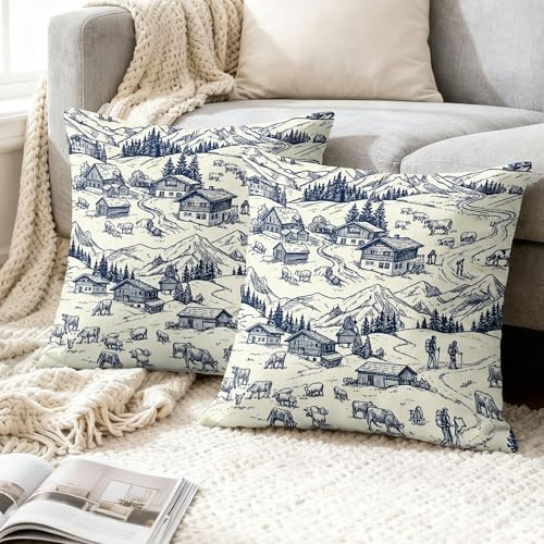Mountain Throw Pillow Covers Set of 2, Rustic Vintage Cattle Houses