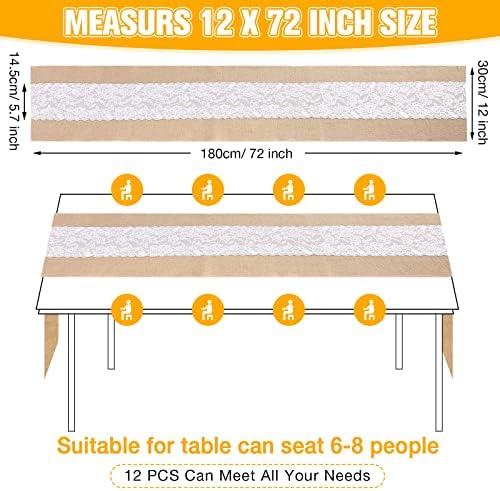 Chumia 12 Pack Burlap Table Runners with Lace 12 x 72 in, Pretty Style