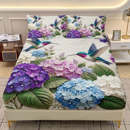 AILONEN Queen Fitted Sheet Set 3 Piece, Blue Blossom Hummingbird