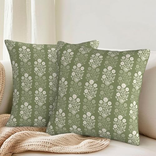 Vintage Olive Green Cream Floral Block Print Decorative Pillow Covers