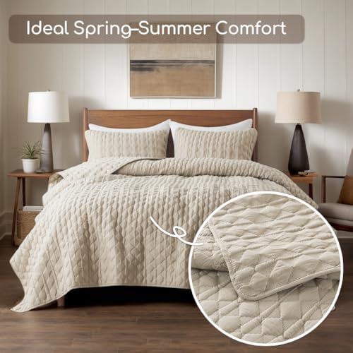 Beige Quilt King Size Bedding Sets with 2 Pillow Shams, Lightweight