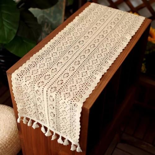 Gemseek 36 Inch Boho Crochet Table Runner, Beige Cotton Lace Table