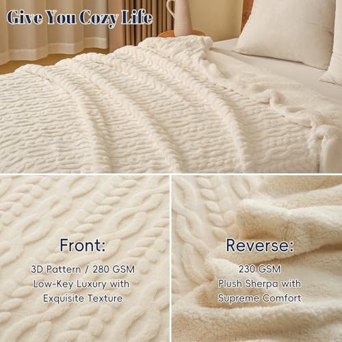 PHF Soft Sherpa Fleece Blanket King, Tufted Jacquard, 04-Natural Cream
