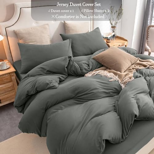 PURE ERA Jersey Knit Duvet Cover Set Solid Dark Greenish Gray Queen