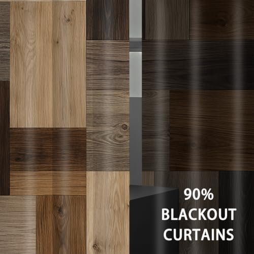 Rustic Brown Wood Patchwork Window Curtains, 2 Panel 42x63 inch