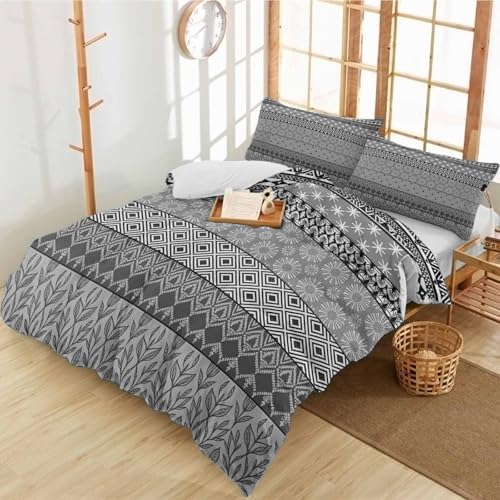 Duvet Cover Set Full, Ethnic Gray Geometric Retro 3 Piece Bedding Set