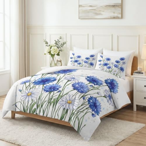 Queen Duvet Cover Set Watercolor Floral Chrysanthemums 3 Piece