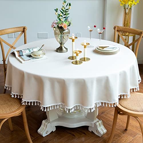 Jeloris Round Solid Color Tablecloth with Tassels Wrinkle Free Heavy