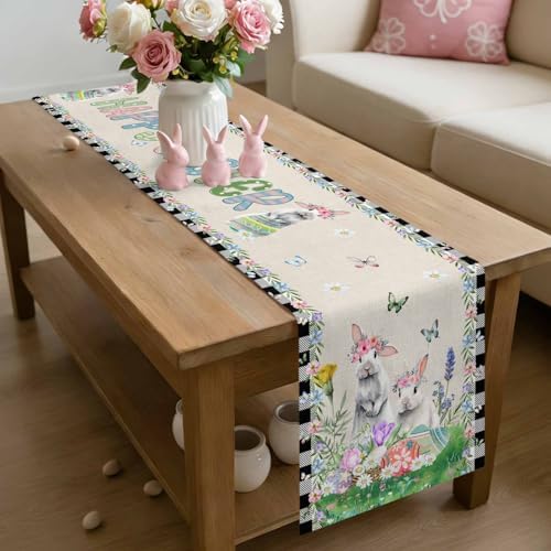 Table Runner 120 Inches Long, Spring Pastoral Flower Checkered Linen