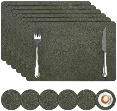 comfoyar Faux Leather Olive Green Placemats Set of 6 with Coasters
