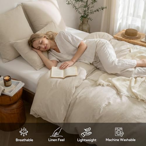 MILDLY Beige Striped Duvet Cover Set with Hidden Dual Zipper 8 Corner